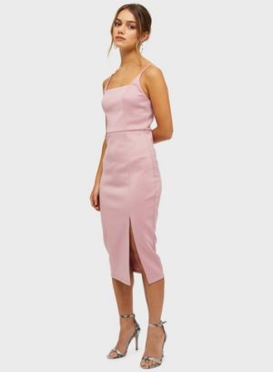 Womens Petite Pink Square Neck Scuba Midi Dress