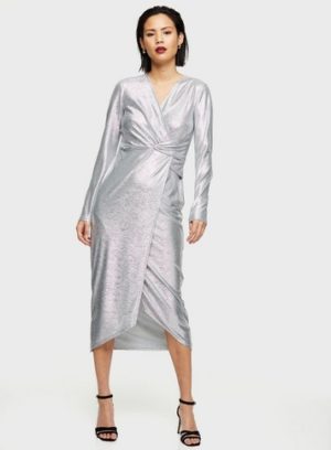 Womens Silver Metallic Twist Midi Dress