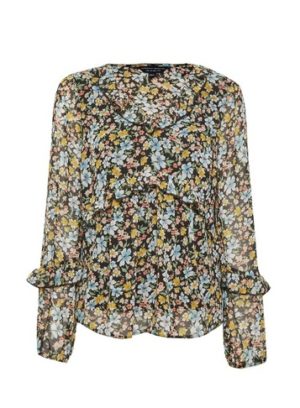 Womens Multi Colour Floral Print V-Neck Long Sleeve Top - Green