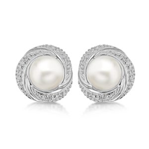 Sterling Silver White Cubic Zirconia And Pearl 12mm Crossover Stud Earrings SpendersFriend