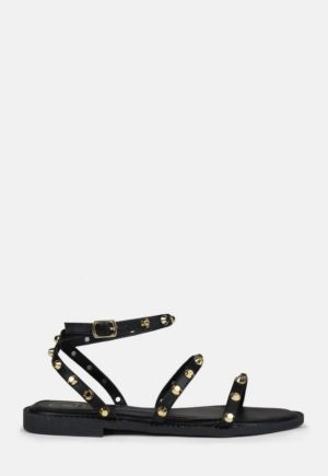 Black Dome Stud Strappy Flat Sandals