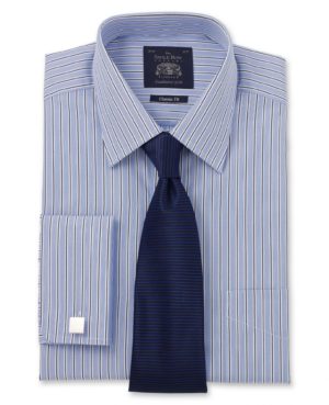 Blue Navy White Fine Stripe Classic Fit Single Cuff Shirt 15" Standard Double SpendersFriend