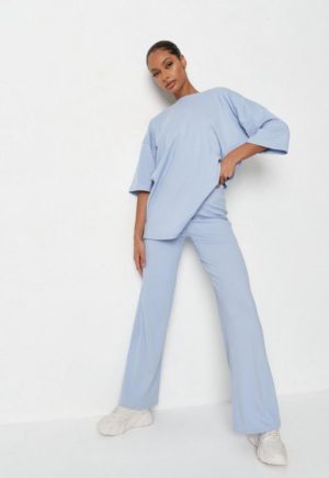 Blue Rib T Shirt And Wide Leg Trousers Co Ord Set