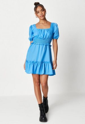 Blue Shirred Waist Tiered Mini Dress