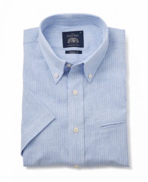 Blue Striped Linen-Blend Classic Fit Short Sleeve Shirt S SpendersFriend