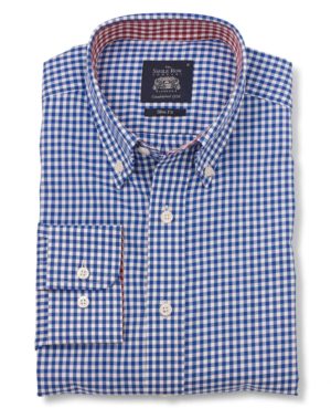 Blue White Gingham Twill Slim Fit Button-Down Casual Shirt S Standard SpendersFriend