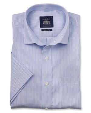 Blue White Stripe Dobby Classic Fit Short Sleeve Casual Shirt S SpendersFriend
