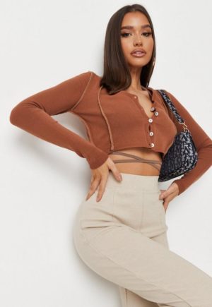 Brown Exposed Seam Button Through Knit Cardigan