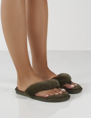 Cuddle  Green Thong Strap Faux Fur Slippers
