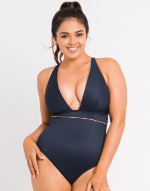 Curvy Kate Poolside Non Wired Plunge Swimsuit Navy/Coral Spenders Friend