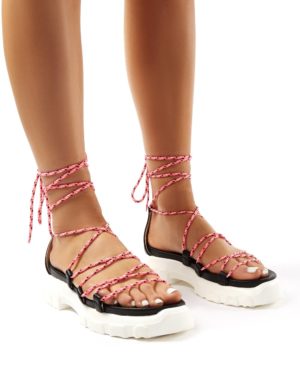 Dynamic Black Neon  Lace Up Chunky Sandals