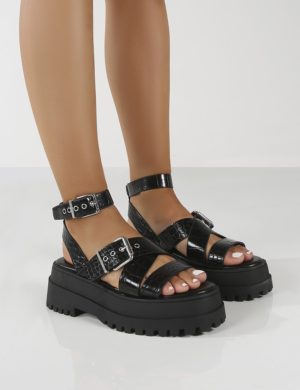 Follow Wide Fit  Pu Croc Chunky Buckle Sandals