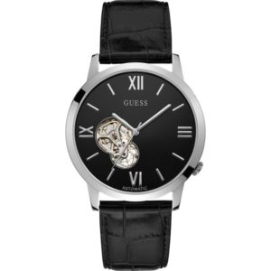 Guess Gents Silver Automatic Watch With Black Dial