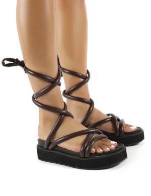 Jolly Choc Drench Pu Weaved Ankle Strap Detail Chunky Sandals loving the sales