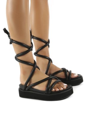 Jolly  Pu Weaved Ankle Strap Detail Chunky Sandals