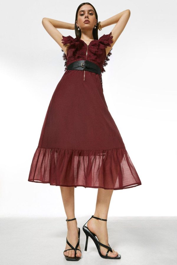 Karen Millen Broderie And Ruffle Detail Woven Maxi Dress -