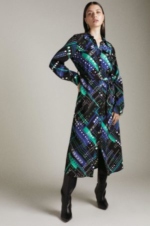 Karen Millen Geo Print Woven Long Sleeve Shirt Dress -
