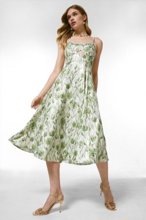 Karen Millen Pine Flower Metallic Woven Strappy Maxi Dress -