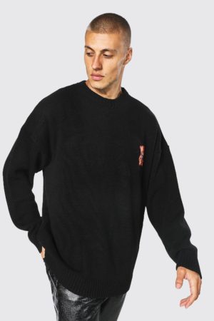 Mens Black Bear Embroidered Oversized Knitted Jumper SpendersFriend