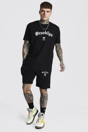 Mens Black Oversized Brooklyn Print T-Shirt & Short Set SpendersFriend