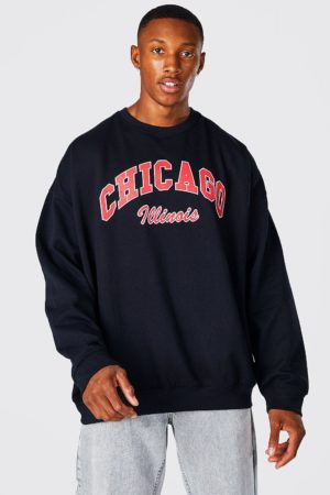 Mens Black Oversized Chicago Varsity Sweatshirt SpendersFriend
