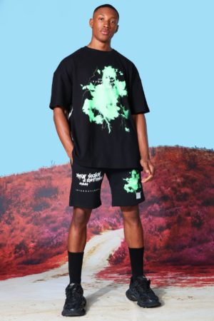 Mens Black Oversized Graffiti Print T-Shirt And Shorts Set SpendersFriend