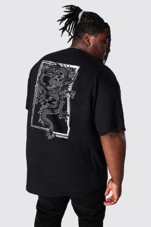 Mens Black Plus Size Dragon Back Print T-Shirt SpendersFriend