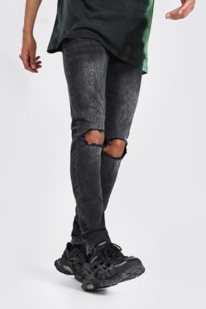 Mens Black Tall Skinny Stretch Jean With Busted Knees SpendersFriend