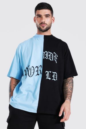 Mens Blue Oversized Spliced Print Extended Neck T-Shirt SpendersFriend