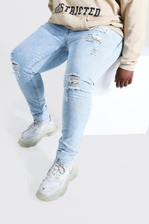 Mens Blue Plus Size Raw Hem Skinny Jeans SpendersFriend