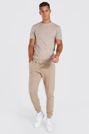 Mens Brown Tall Muscle Fit Jersey T-Shirt And Jogger Set SpendersFriend