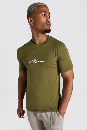 Mens Green Muscle Fit Man Signature Embroidered T-Shirt SpendersFriend