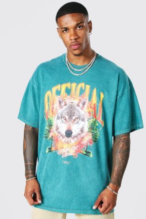 Mens Green Oversized Overdyed Wolf Graphic T-Shirt SpendersFriend