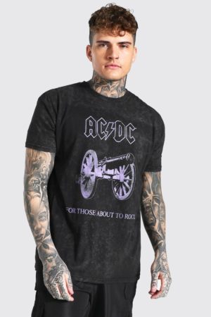 Mens Grey Oversized Ac-Dc Acid Wash License T-Shirt SpendersFriend