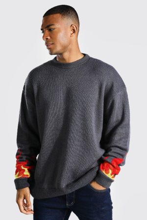 Mens Grey Oversized Flame Sleeve Brushed Knitted Jumper SpendersFriend