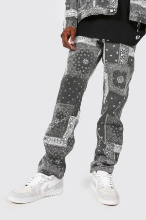 Mens Grey Relaxed Fit Washed Bandana Print Jeans SpendersFriend