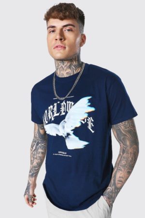 Mens Navy Loose Worldwide Dove Print T-Shirt SpendersFriend