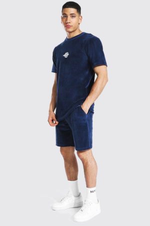 Mens Navy Official Velour T-Shirt & Pintuck Short Set SpendersFriend