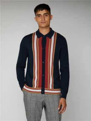 Men's Navy Striped Button Up Knitted Polo Shirt | Ben Sherman - Small Spenders Friend