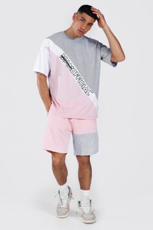 Mens Pink Man Official Colour Block T-Shirt And Short Set SpendersFriend