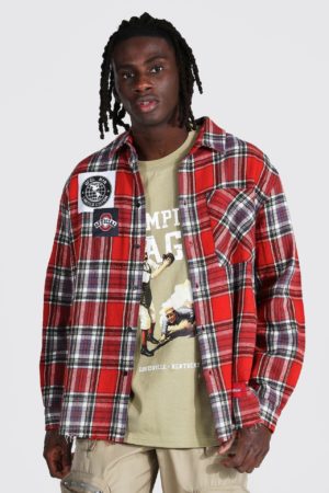 Mens Red Oversized Check Shirt With Varsity Badges SpendersFriend