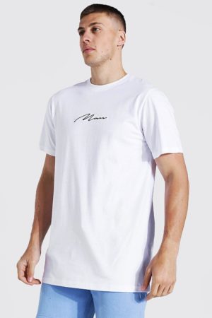 Mens White Man Signature Embroidered Longline T-Shirt SpendersFriend