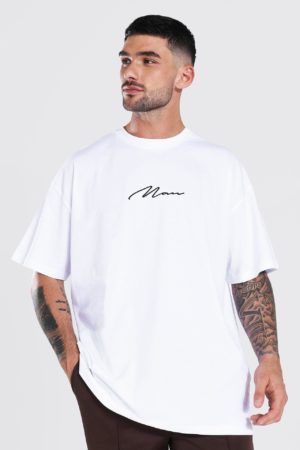 Mens White Oversized Man Signature Embroidered T-Shirt SpendersFriend