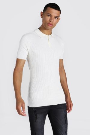 Mens White Tall Muscle Fit Ribbed Knit Polo SpendersFriend