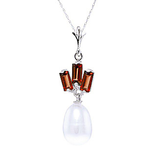 Pearl & Garnet Ternary Pendant Necklace In 9ct White Gold SpendersFriend