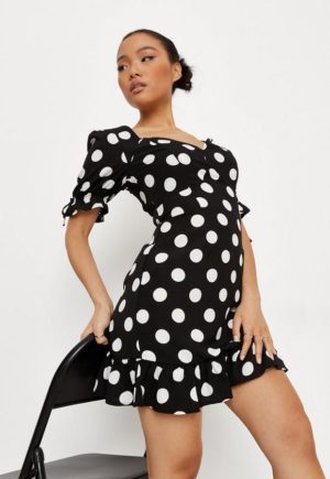 Petite Black Polka Dot Print Ruffle Hem Oversized Mini Dress
