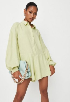 Petite Lime Linen Mix Balloon Sleeve Collared Playsuit