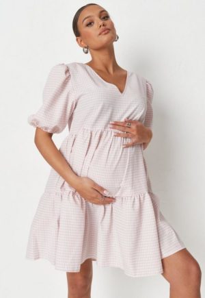 Pink Gingham Smock Maternity Mini Dress