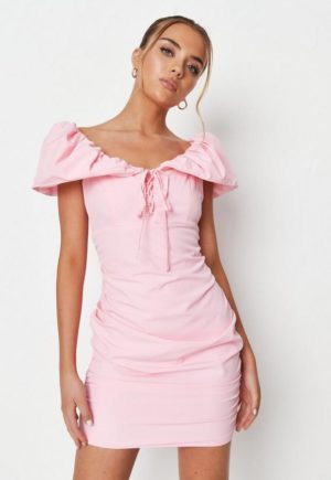 Pink Puff Collar Tie Front Mini Dress