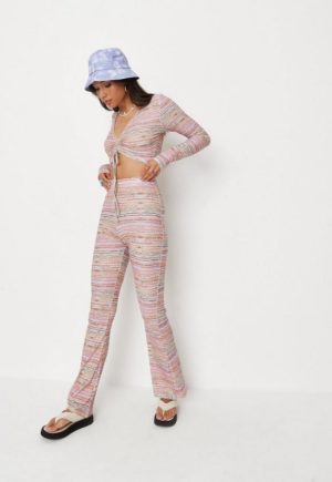 Pink Ruched Front Crop Top And Flared Trousers Co Ord Set
